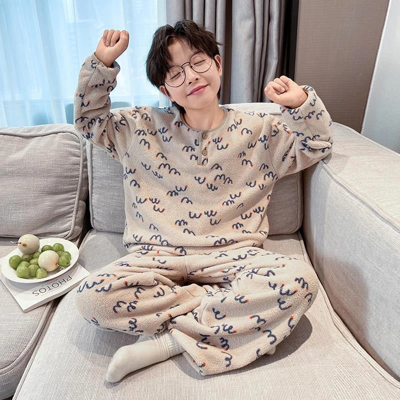 儿童装男童睡衣秋冬款冬季加绒珊瑚绒法兰绒中大童男孩加厚家居服