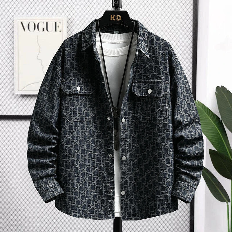 港风外套翻领数字做旧夹克春秋季牛仔工装长袖男透气烫钻9909-8