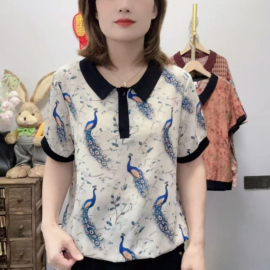 【丽姐家】夏季新款妈妈装短袖娃娃领翻领减龄洋气显瘦女士上衣