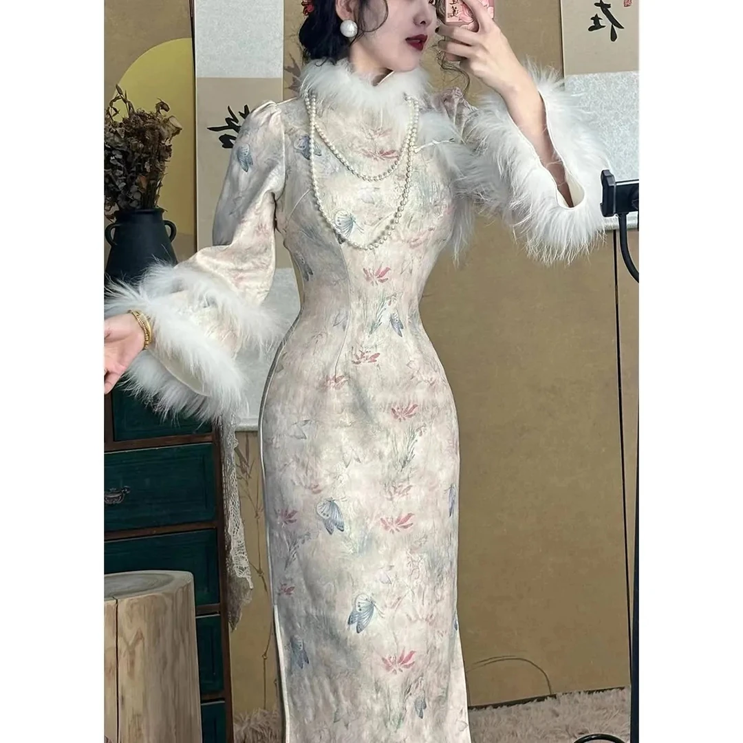 （里P）公主家9568秋冬季新款温柔蝴蝶改良版旗袍温柔文艺范连衣裙