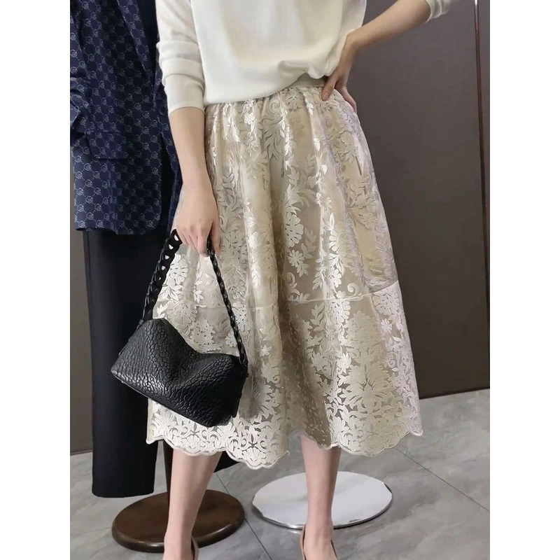 法式蕾丝半身裙春季女新款高腰显瘦a字蓬蓬裙中长款网纱大摆裙子