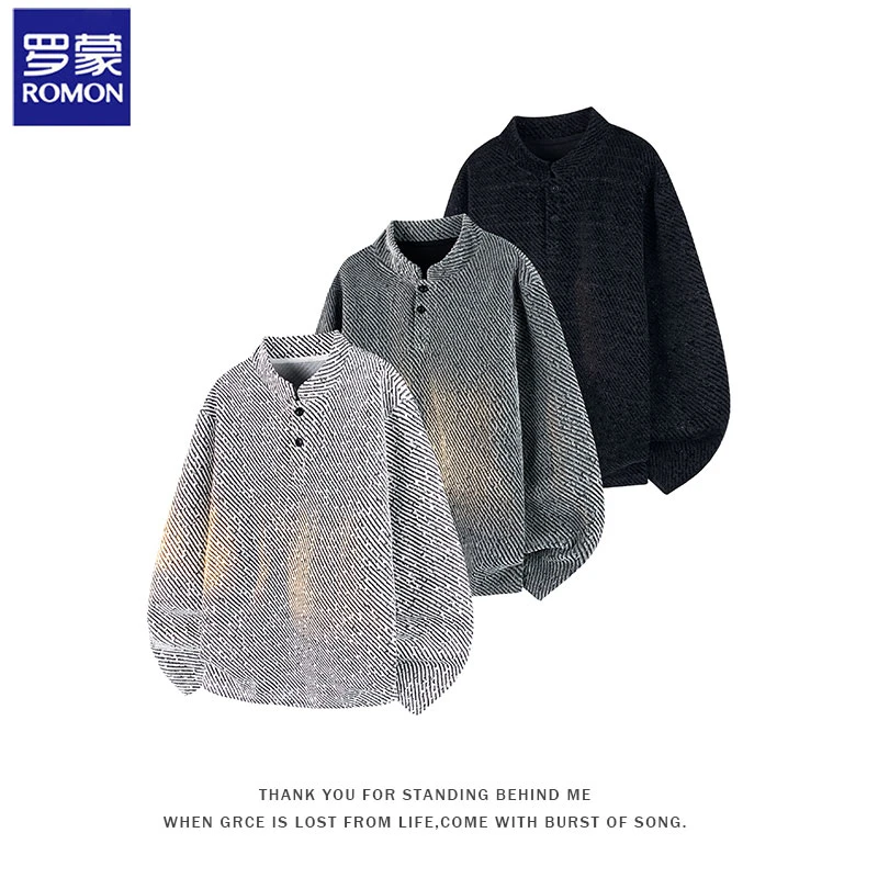 Romon/罗蒙秋冬款男士加绒保暖港风亨利领斜纹银丝雪尼尔长袖卫衣