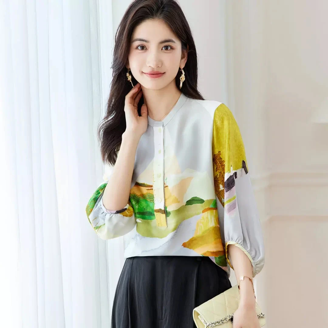 【632311】19姆米弹力双乔真丝长袖2025春夏新款七分袖衬衫衬衣