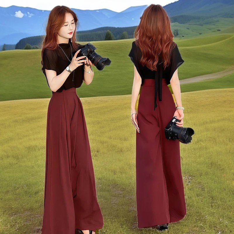 今年爆款2025遮肉套装高级感轻奢女人味时尚雪纺上衣阔腿裤俩件套