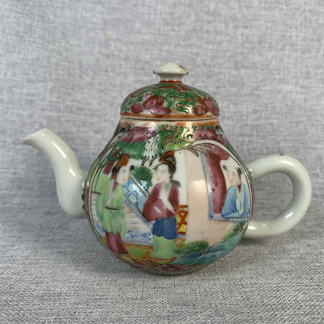 清代广彩人物花鸟壶古瓷器真品国营镇江市文物商店库出3068310