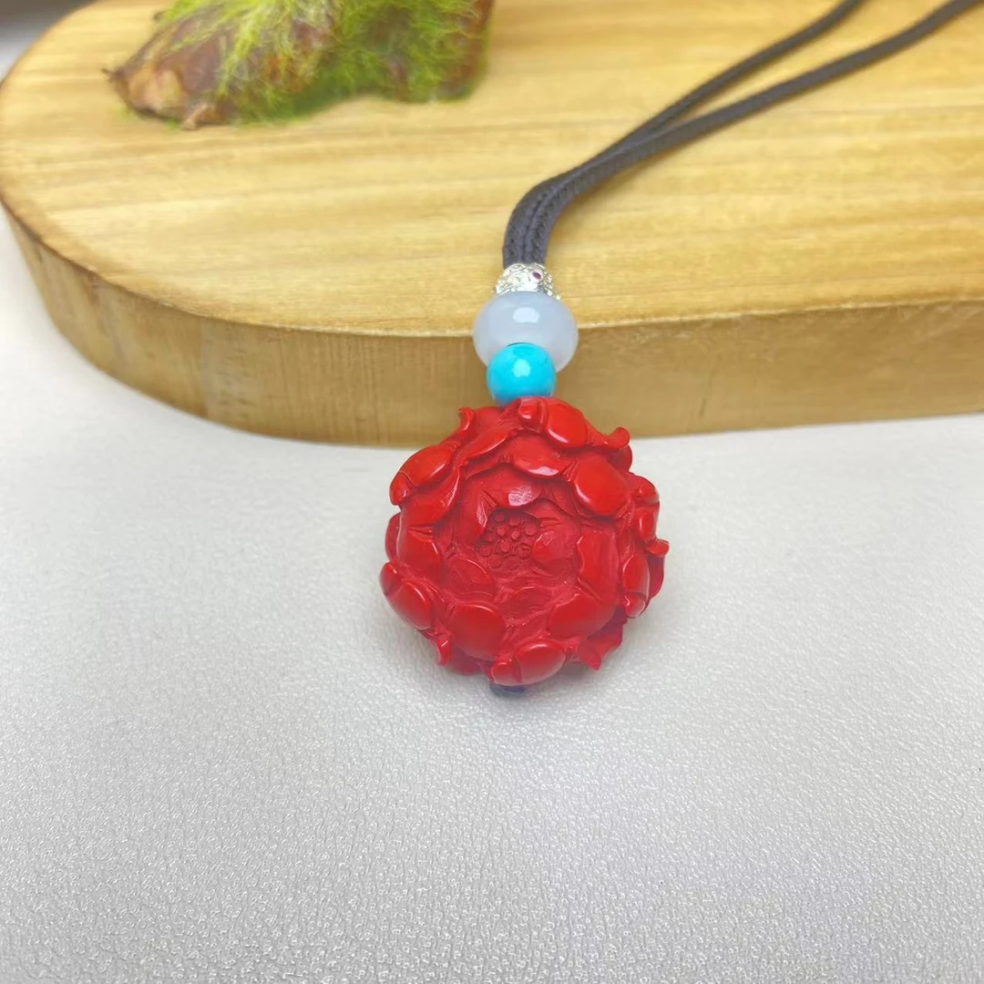 含辰砂工艺品保真高含量红砂设计款牡丹花吊坠保真朱砂挂件