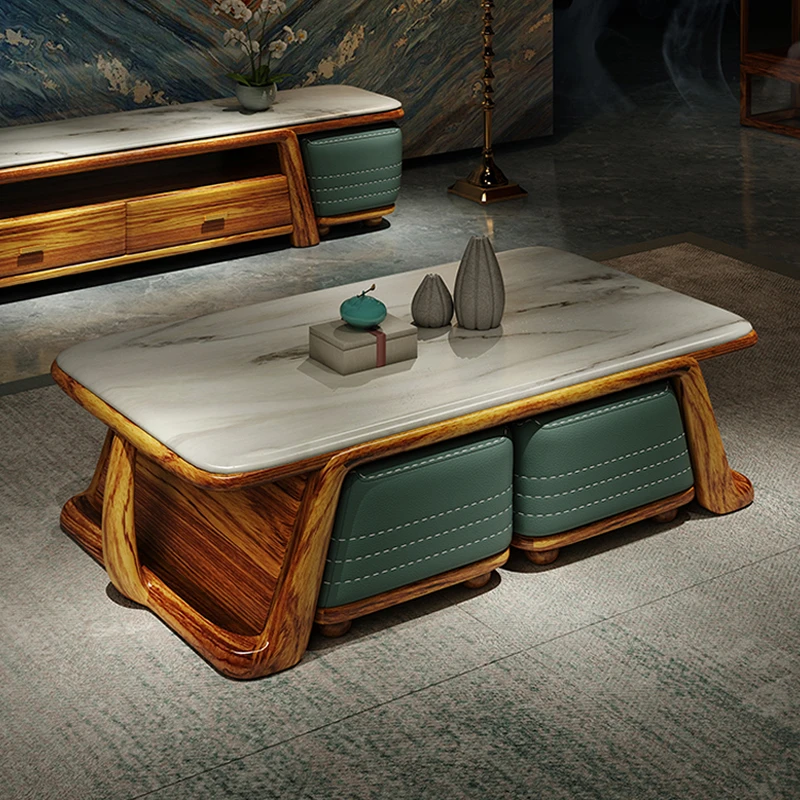 新中式乌金木实木茶几电视柜组合大理石台面客厅长方形茶台带凳子