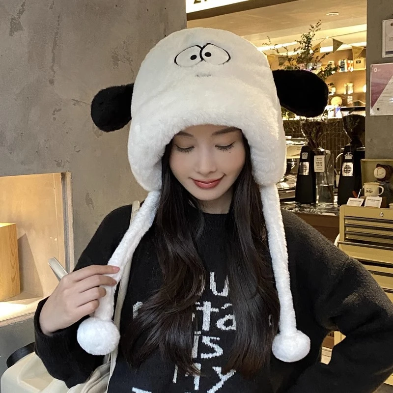 秋冬帽子女保暖可爱卡通狗毛绒加厚骑车保暖护耳帽百搭黑白毛绒帽