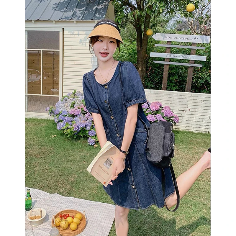 法式深蓝色短袖牛仔裙女夏季时尚气质薄款连衣裙宽松显瘦中长裙