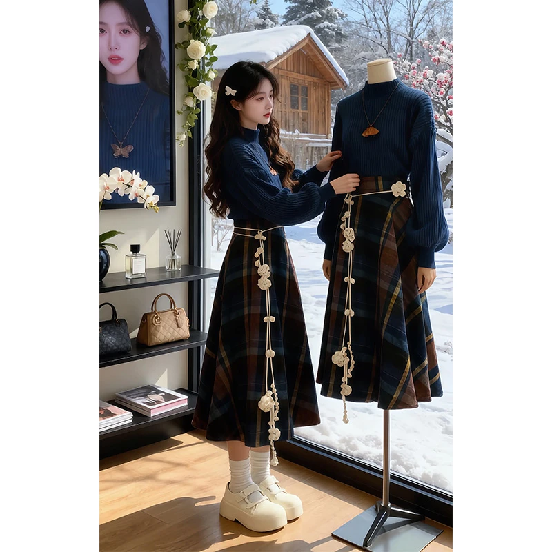 梨型身材显瘦套装女秋冬季时尚洋气针织毛衣炸街格子半身裙两件套