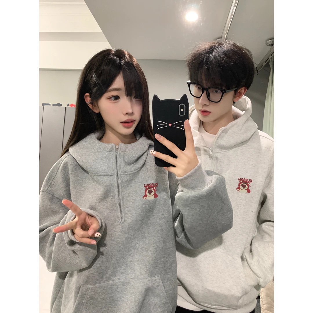 WASSUP HSUBE宽松秋冬印花长袖卫衣美式卡通草莓熊休闲情侣卫衣