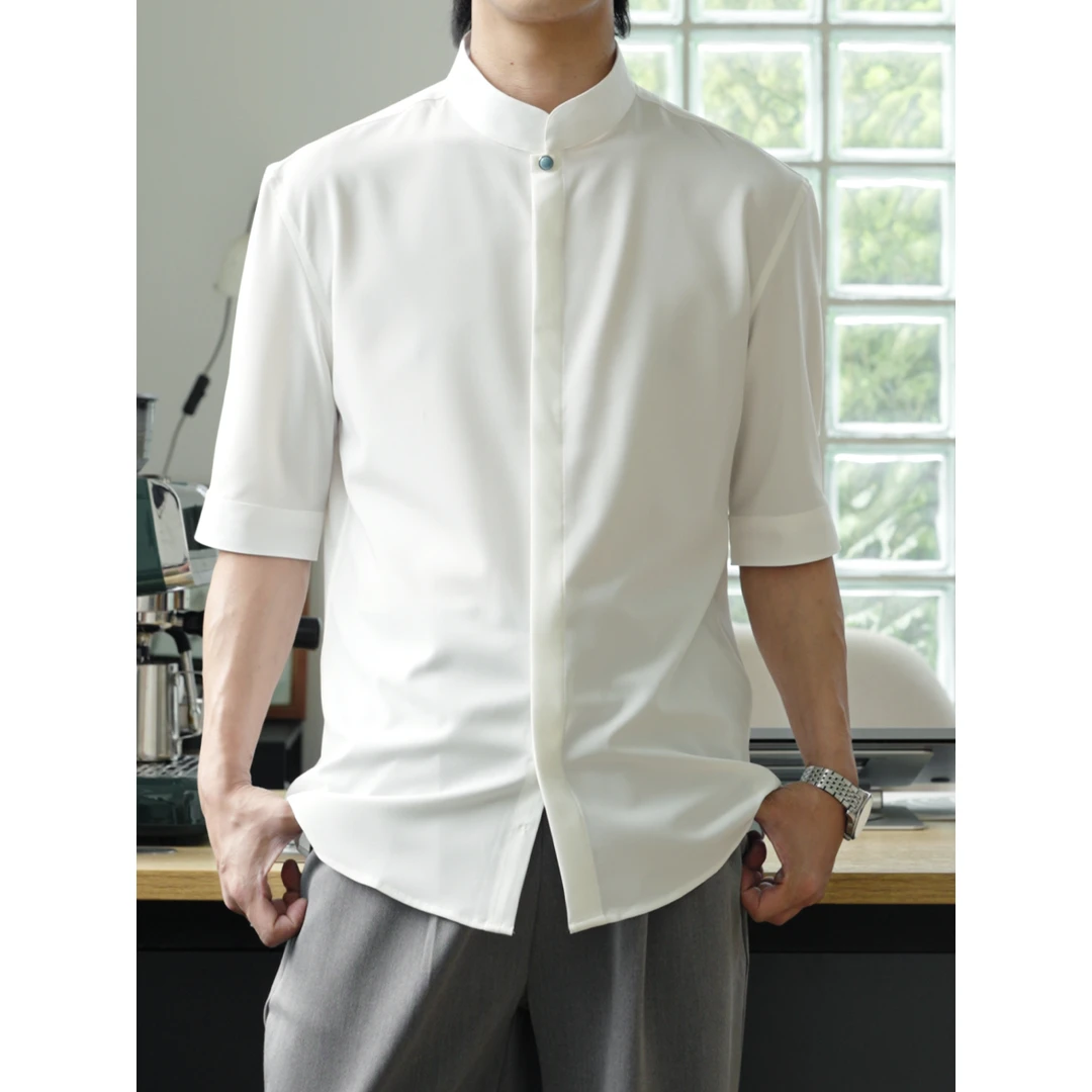 新款夏季新中式绿宝石领扣高端宽松立领中袖休闲纯色衬衫S6515