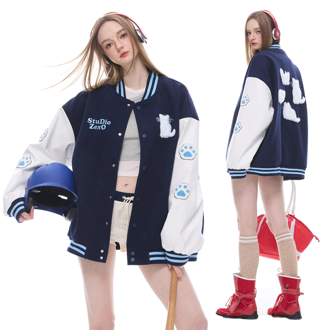 ZEXO 撞色拼接毛呢贴布毛巾刺绣立体慵懒猫咪棒球服 ZE2520