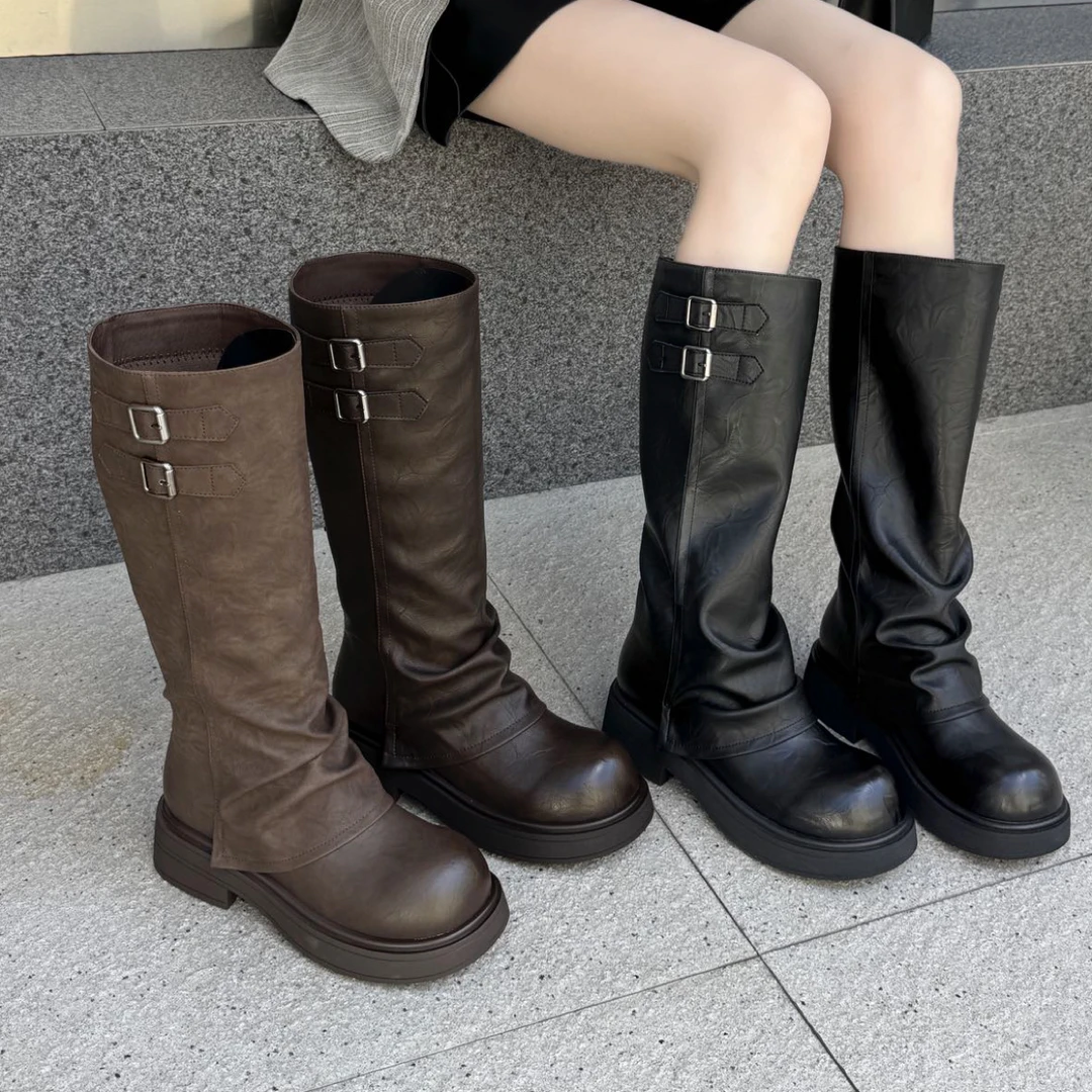 25200-6冬季女软皮长筒靴厚底瘦瘦靴时尚百搭加绒韩版（跟高5cm）