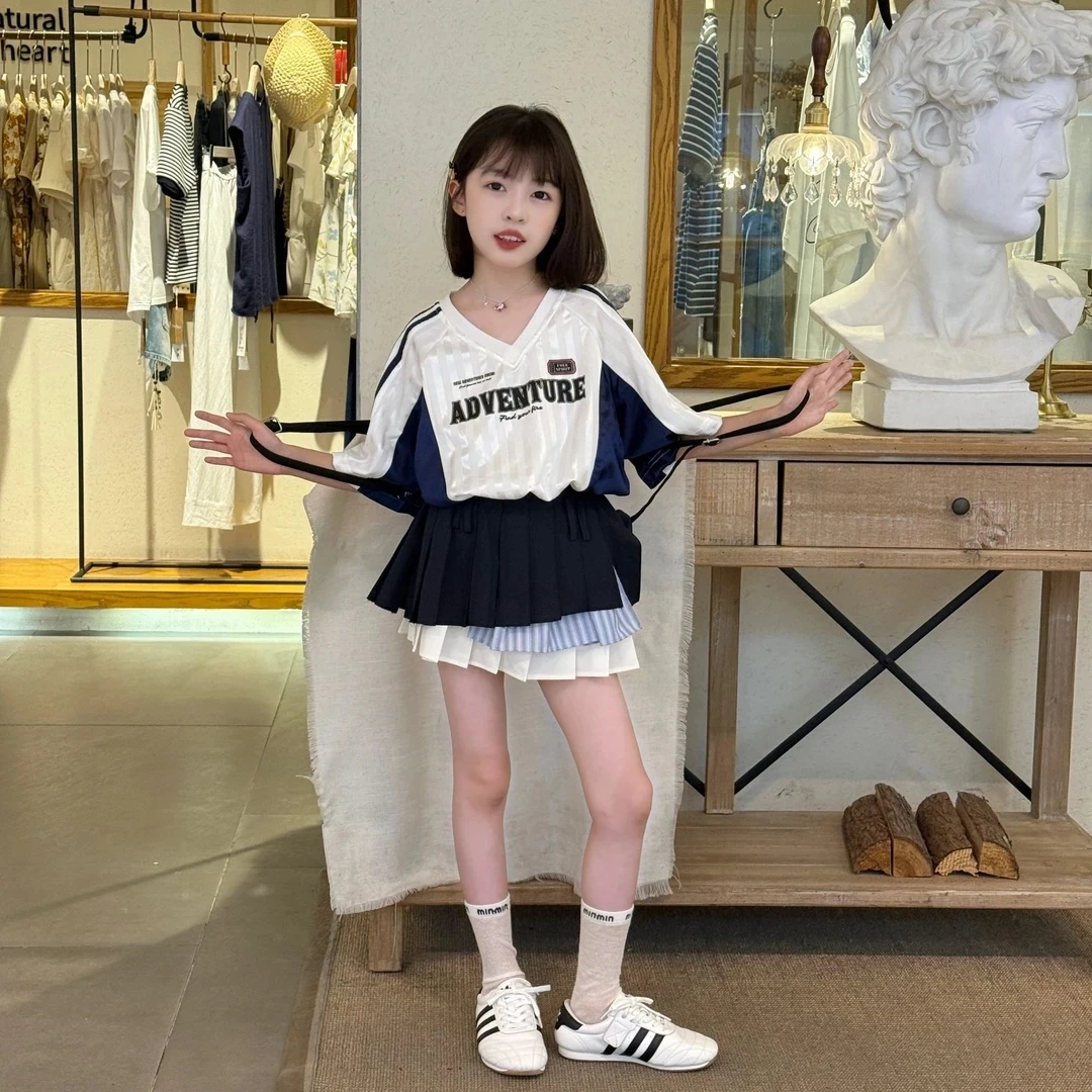 女童2025夏季美式短袖球服百褶裙套装新款休闲撞色条纹印花T恤潮
