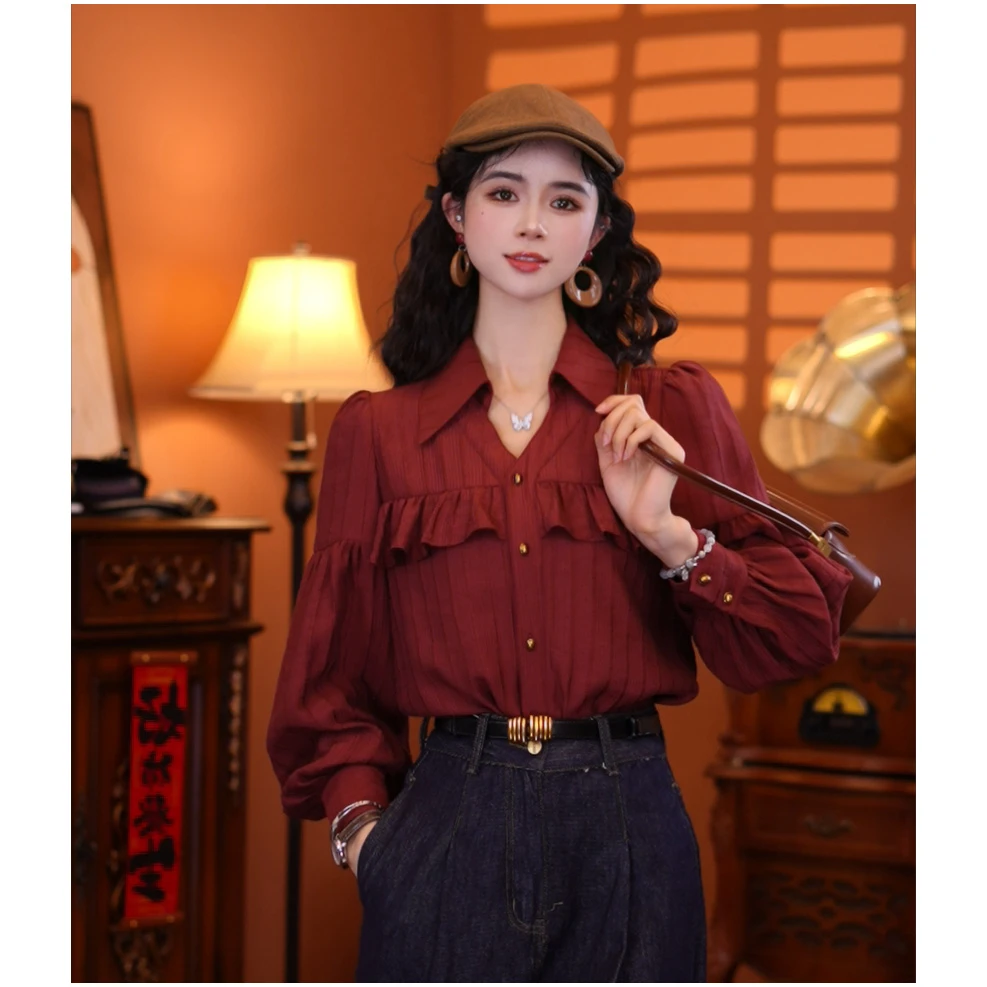 牧子【斯嘉丽】港味复古气质薄款显瘦设计新款上衣01610