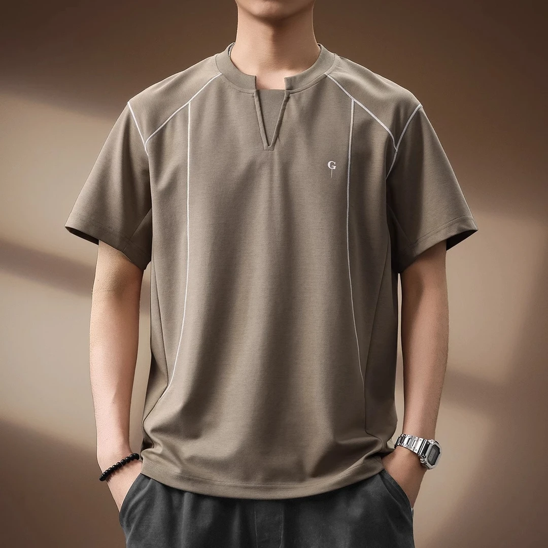 U&PURA高端日系复古假两件拼接V领短袖T恤男夏季新款休闲宽松t恤