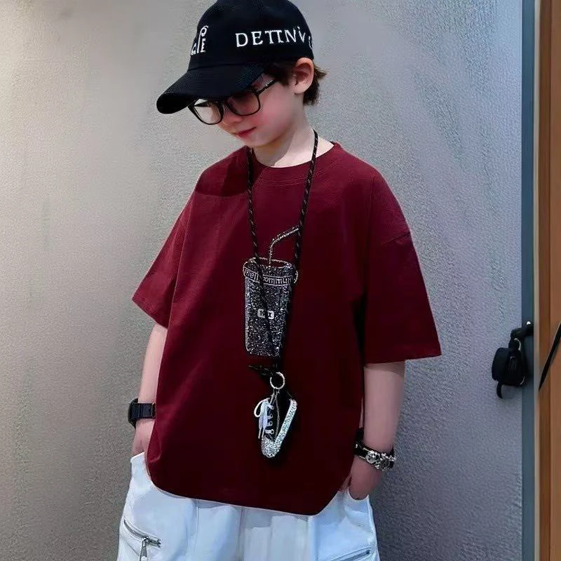 短袖吸汗男休闲风杯子夏季亮钻T恤百搭男童上衣清爽童装学生