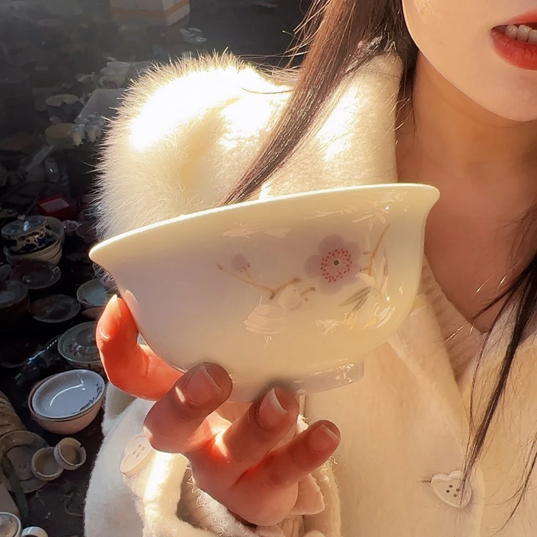 摆件陶景德镇陶瓷翠竹紫梅5寸碗2个