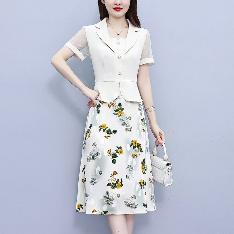 假两件拼接时尚印花连衣裙女夏季新款潮流显瘦甜美方领名媛A字裙