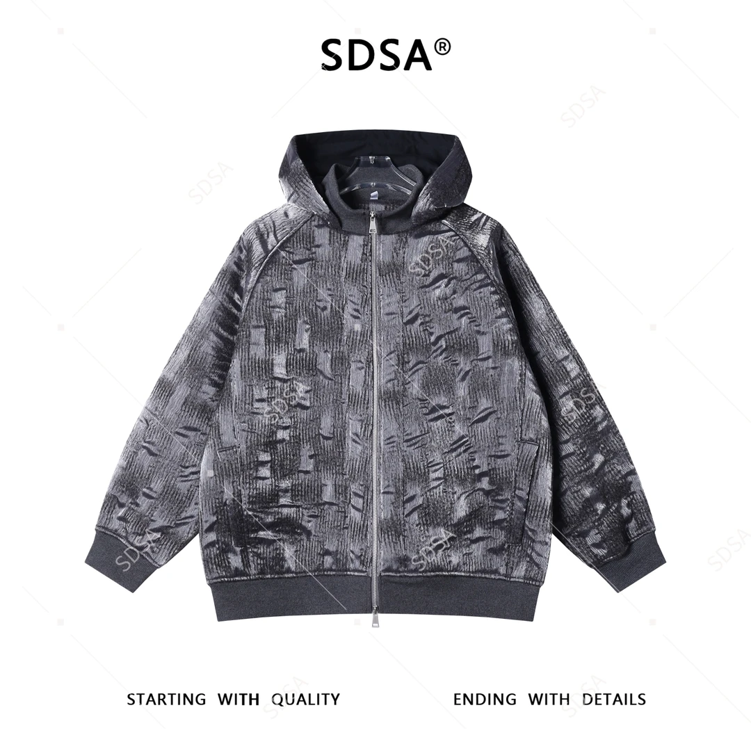 SDSA秋冬新款痞帅男装韩版简约肌理感拉链立领连帽卫衣外套百搭