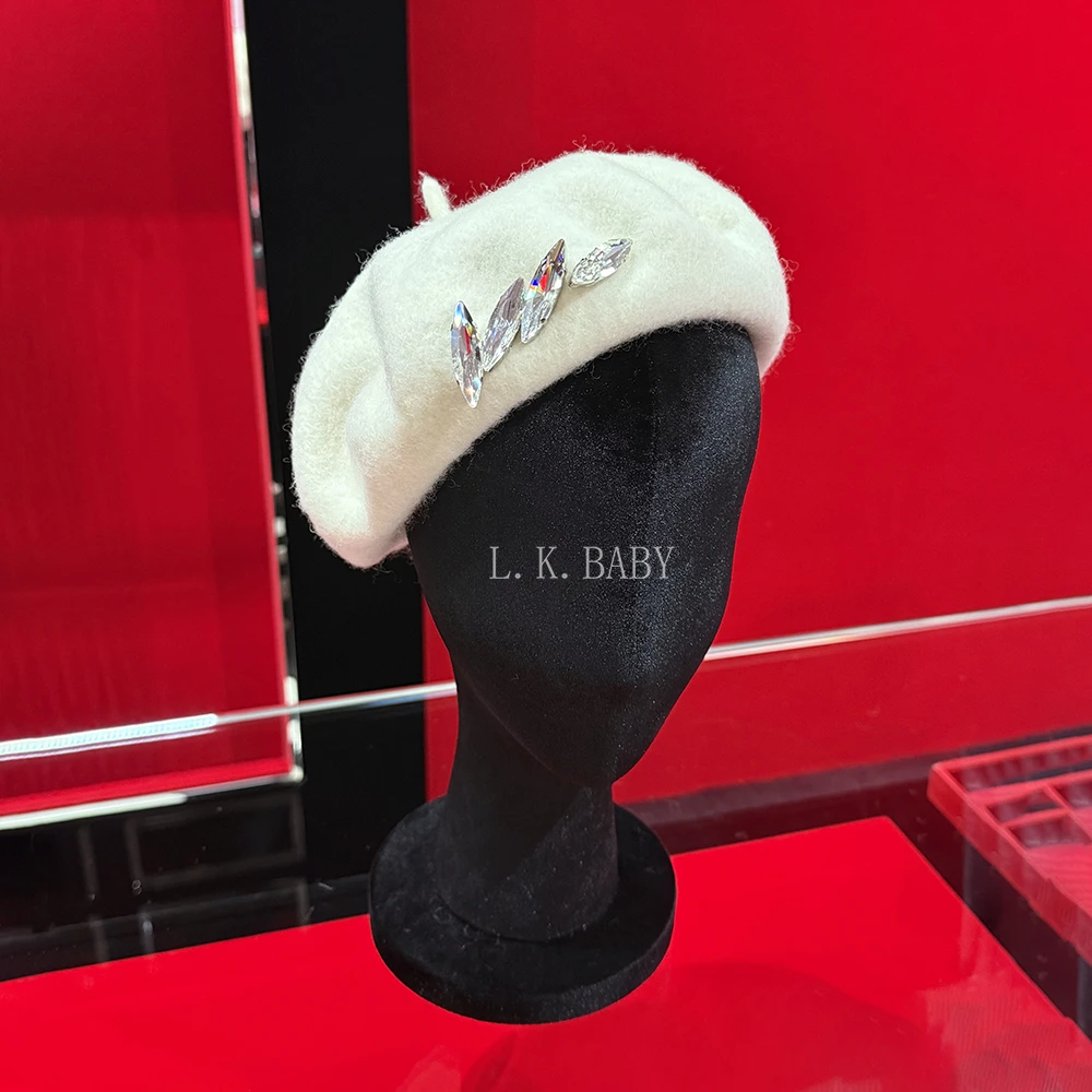 【L.K.BABY】时髦气质毛绒麦穗水钻毛呢贝雷帽韩版