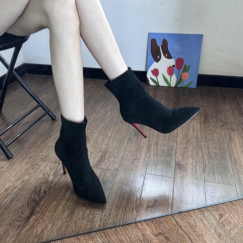 红底高跟鞋女2025秋冬季新款细跟黑色绒面尖头加绒短靴弹力靴单靴