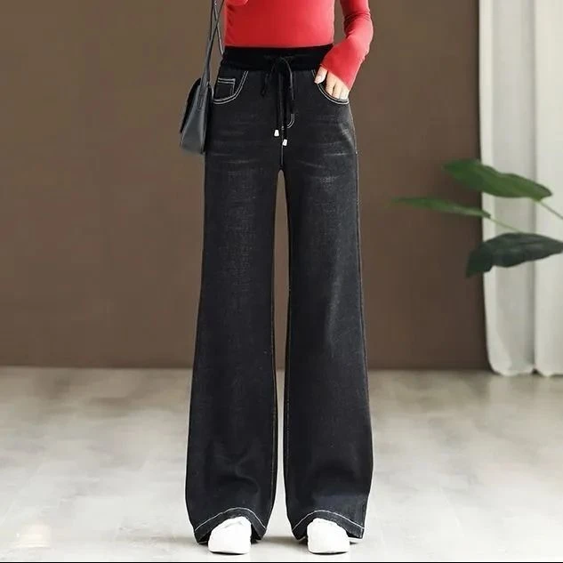 松紧腰牛仔裤女2025春秋新款高腰弹力显瘦宽松垂感黑色直筒裤长裤
