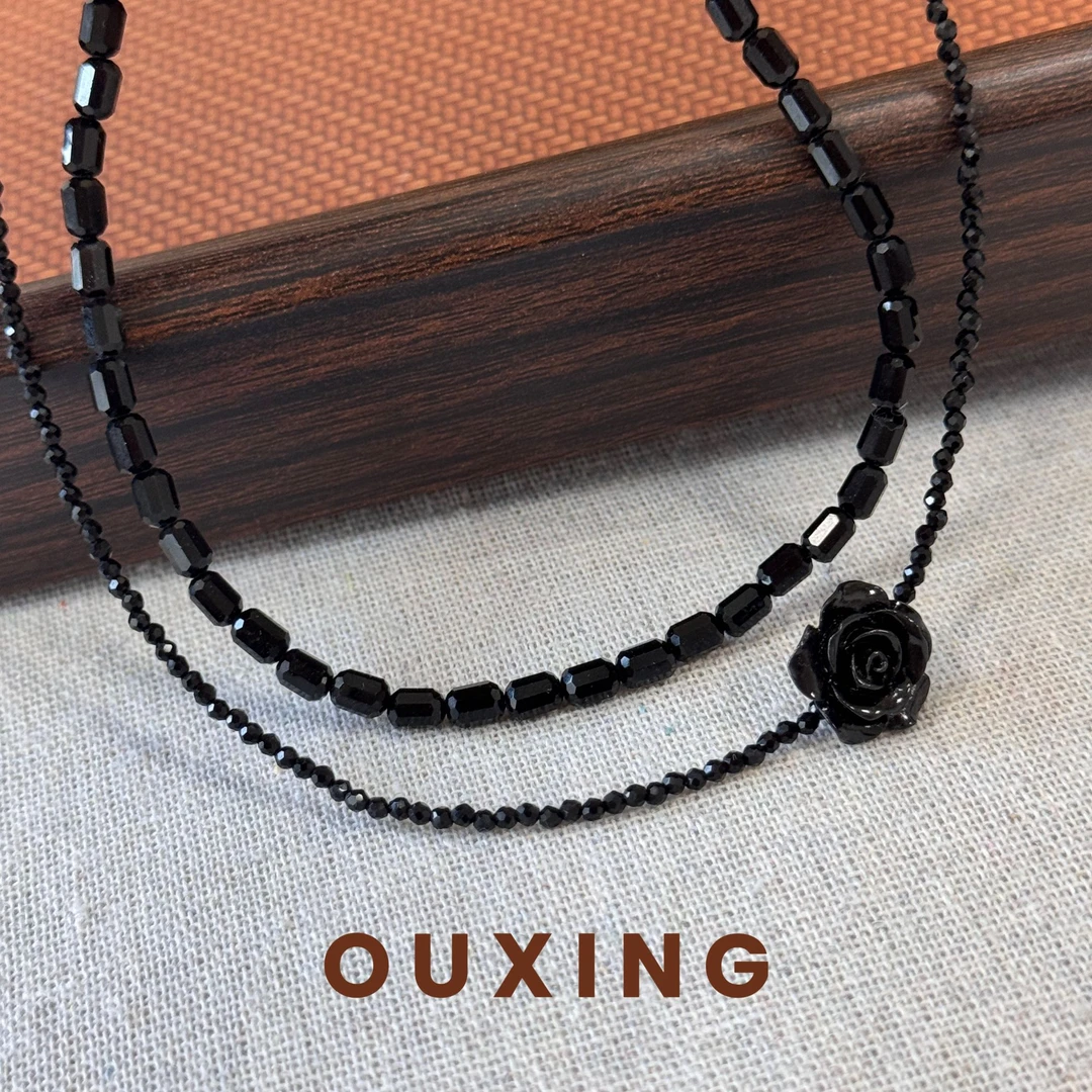 钛钢仿水晶项链 [花丛间]时尚气质百搭黑色复古简约个性锁骨链