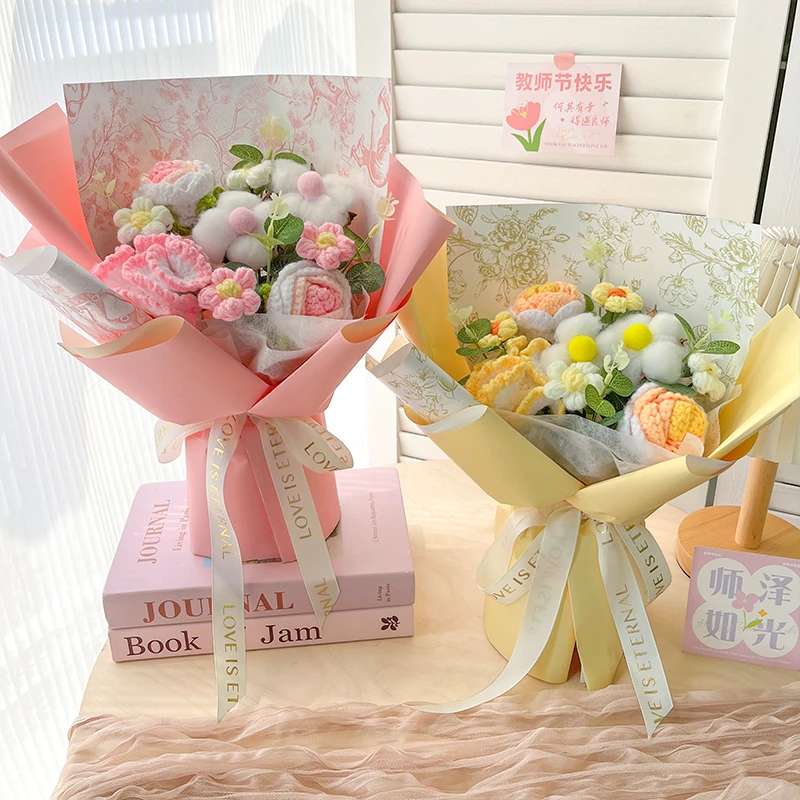 小清新玫瑰针织混搭花束成品编织毛线花创意实用生日教师节礼物