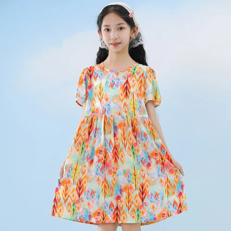 女童棉绸中大童儿童裙子夏季公主时尚洋气碎花裙子薄款连衣裙女孩