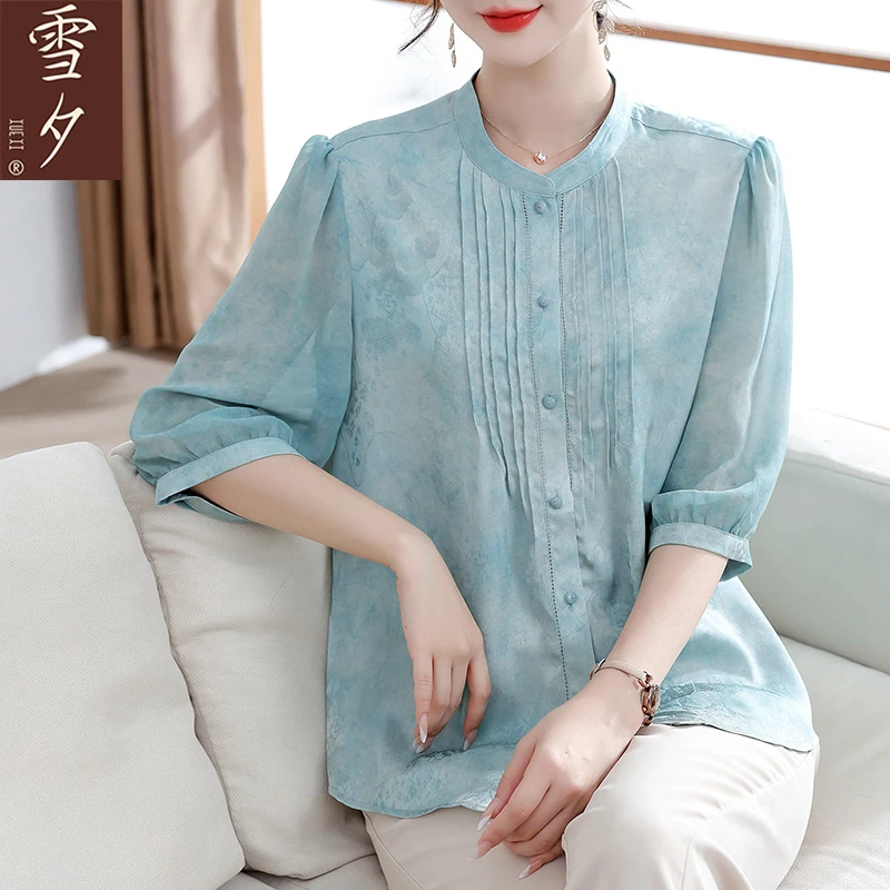 雪夕妈妈夏装新中式雪夕小衫中老年女装薄款上衣宽松短袖T恤新款