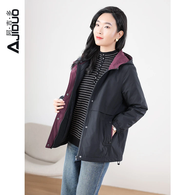 阿吉多黑色连帽加厚派克服棉服女士冬季时尚休闲保暖外套女A30893