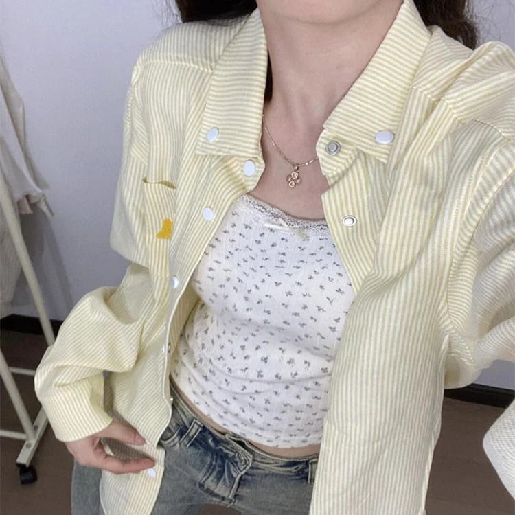 美式复古黄色条纹polo领衬衫外套女春秋宽松绣花小狗