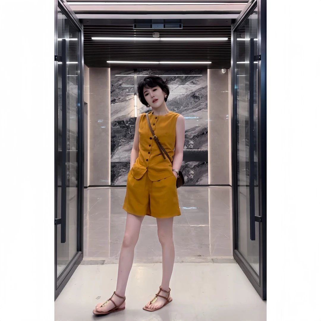 天丝亚麻时尚套装休闲风老钱风时尚小个子洋气显瘦无袖气质夏季