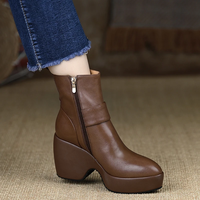 小个子手工女鞋9cm~高跟鞋侧拉链小圆头坡跟鞋头层牛皮短靴棕色女