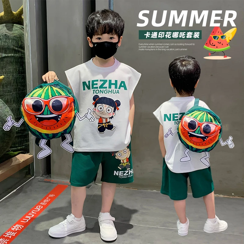 哪吒衣服男童套装夏季2025新款男孩背心儿童透气坎肩短裤两件套潮