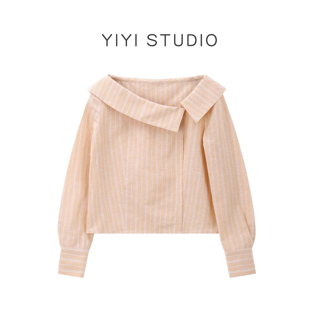 【时光手册】<YiYiii>春季新款法式气质露肩翻领条纹长袖衬衫女