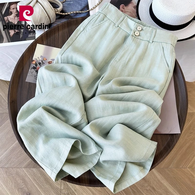 皮尔卡丹天丝棉麻阔腿裤女夏季薄款2025新款高腰宽松小个子苎麻九