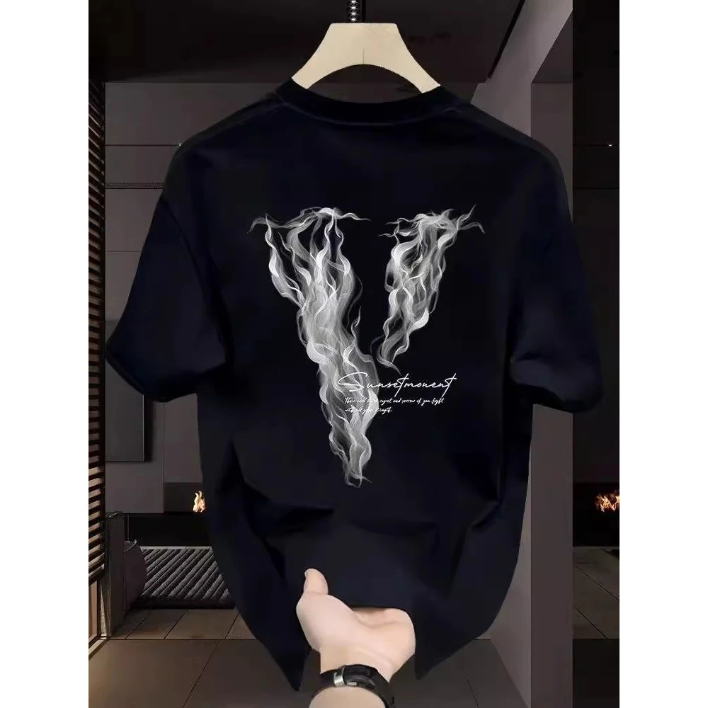 稻草人2025夏季男士轻奢新款宽松圆领短袖重磅潮牌印花百搭T恤男