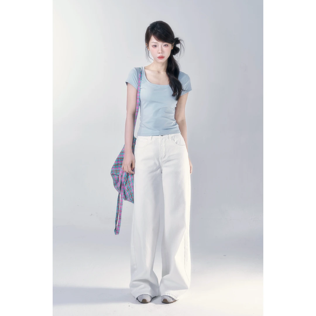 【小野莓】春夏韩版休闲高腰遮肉显瘦白色直筒阔腿牛仔裤子BR17322