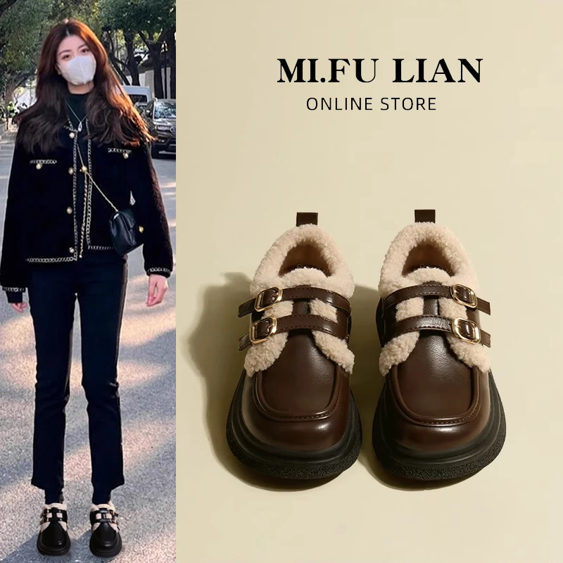 复古加绒小皮鞋女2025新款秋冬季保暖棉鞋棕色乐福鞋玛丽珍毛毛鞋