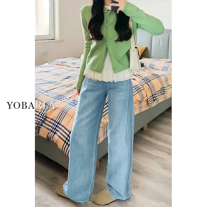 浅色直筒牛仔裤女高腰大码春季新款胖mm宽松显瘦梨型身材阔腿裤子