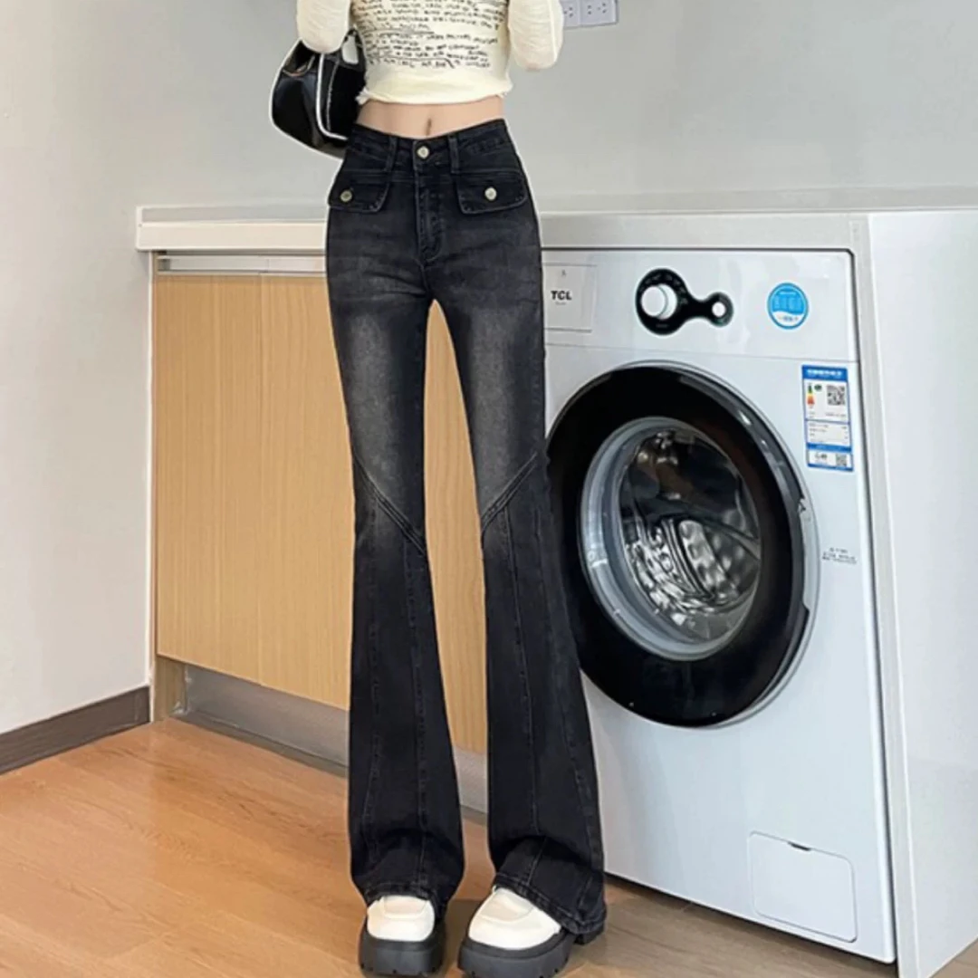 7023#黑色微喇牛仔裤女高腰弹力修身显瘦时尚马蹄喇叭裤