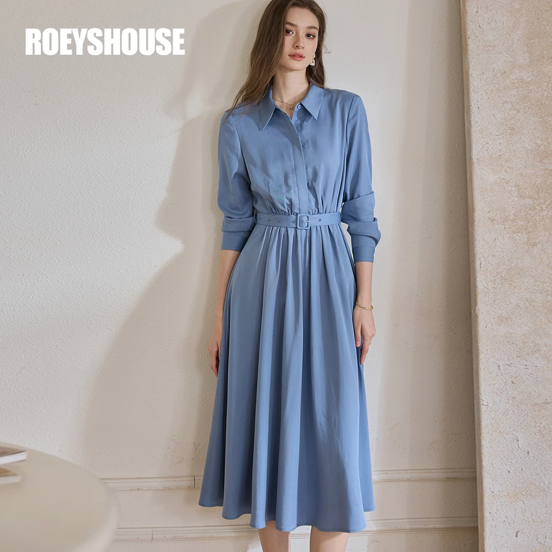 【RH】罗衣优雅通勤蓝色裙子2025春季新款气质大摆系带连衣裙11701
