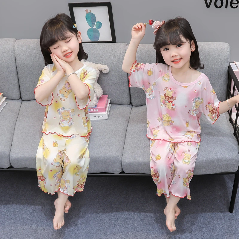 女童睡衣2025夏季新款儿童短袖冰丝家居服套装宝宝卡通可爱空调服