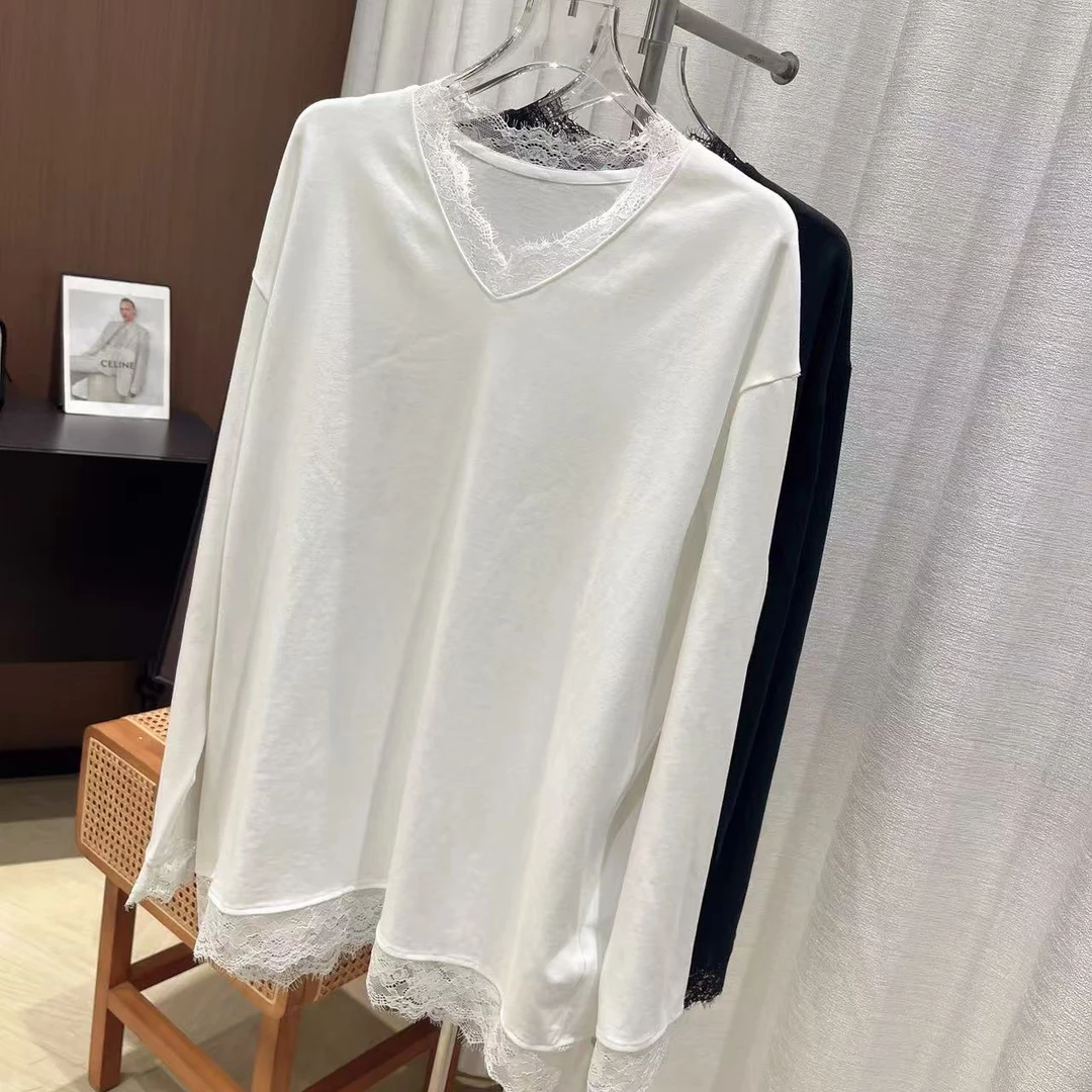 999两色V领下摆蕾丝长袖t恤女装高级感内搭