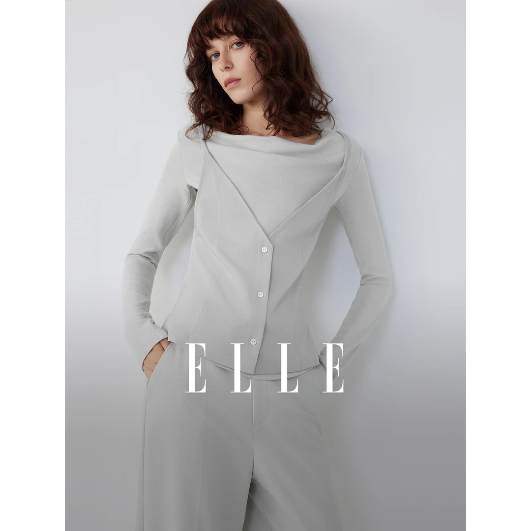 ELLE女装假两件长袖T恤2025秋新款时髦宽松通勤内搭上衣EM52736