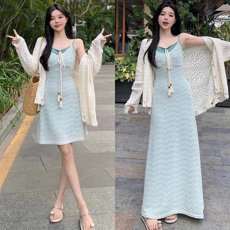 温柔系甜美套装女别致假两件连衣裙一整套ootd穿搭新款针织开衫潮