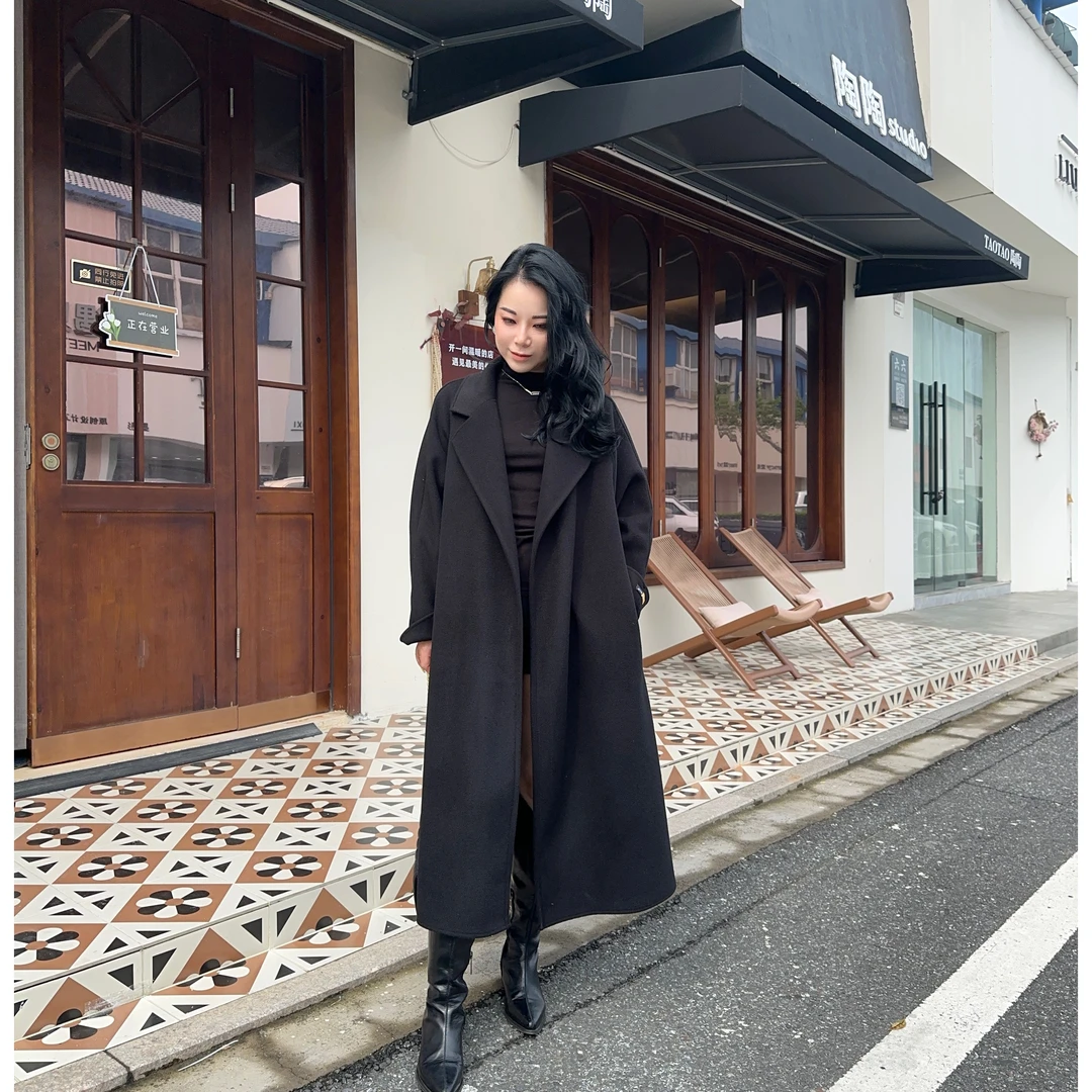 [汐汐]秋冬新款双面绒大衣女中长款慵懒风毛呢外套时尚气质加厚